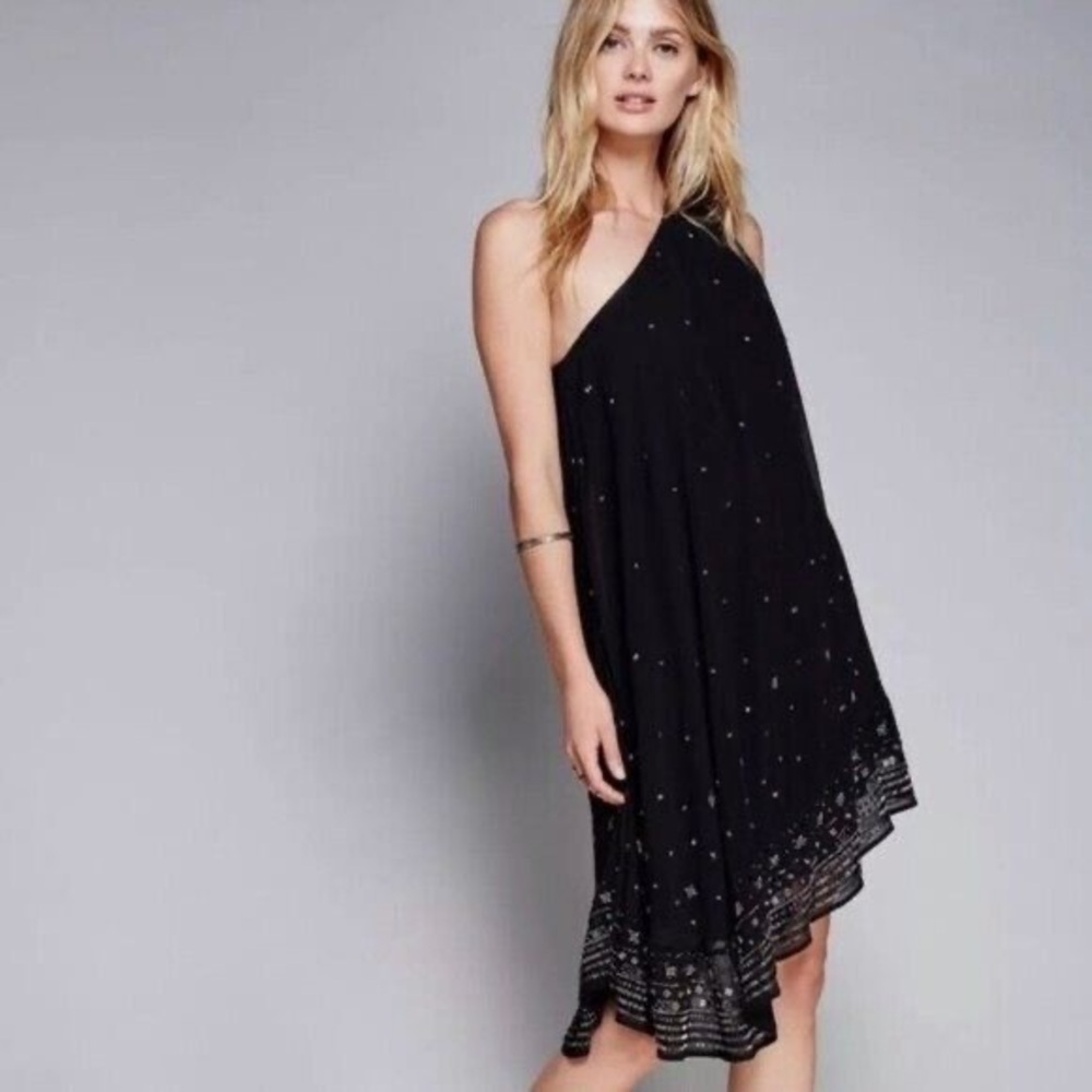Free People One Shoulder Asymmetrical Dress Womens Size 2 Boho Beaded Gatsby